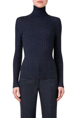 Akris Rib Wool & Silk Turtleneck Sweater in 089 Charcoal