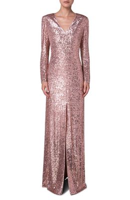 Akris Sequin Long Sleeve Jersey V-Neck Gown in Lily