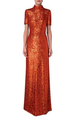 Akris Sequin Short Sleeve A-Line Gown in Rust