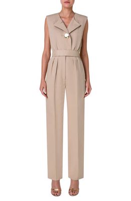 Akris Sleeveless Belted Silk Blend Twill Jumpsuit in Sand