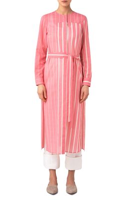 Akris Stripe Cotton Voile Long Sleeve Midi Shirtdress in 061 Alpine Pink Blush