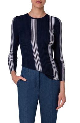 Akris Stripe Virgin Wool & Silk Rib Sweater in 713 Navy-Greige