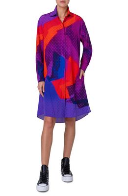Akris Superimposition Print Long Sleeve Wool & Silk Voile Shirtdress in 067 Purple-Multicolor