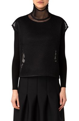 Akris Two-Piece Silk & Cotton Rib Sweater with Mesh Overlay Top in 009 Black