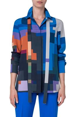 Akris x Reinhard Voigt Flowers Grid Print Silk Crepe Button-Up Shirt in Multicolor