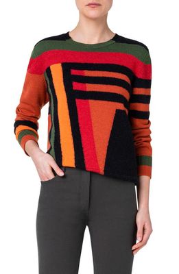 Akris Zigzag Trapezoid Intarsia Cashmere Sweater in 669 Rustic Red-Multicolor