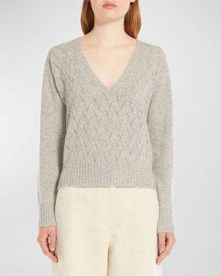 Alaggio Pointelle Cable-Knit V-Neck Sweater