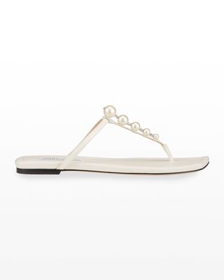 Alaina Pearly-Stud Thong Sandals, White