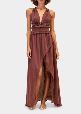 Alak Plunging V-Neck Maxi Dress with Calf Leather Accents