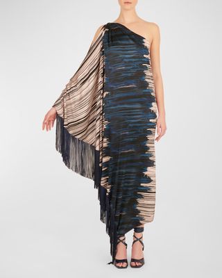 Alana Fringe-Trim One-Shoulder Maxi Dress