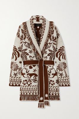 Alanui - Explosion Of Nature Belted Fringed Wool And Cotton-blend Jacquard Cardigan - Brown