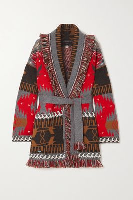 Alanui - Icon Belted Fringed Wool And Cashemere-blend Jacquard Cardigan - Red