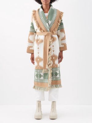 Alanui - Longline Abstract-jacquard Wool Cardigan - Womens - White Multi