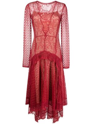 Alberta Ferretti lace-patchwork asymmetric midi dress - Red