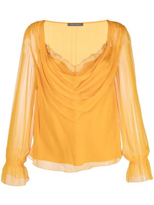 Alberta Ferretti lace-trim long-sleeve silk blouse - Orange