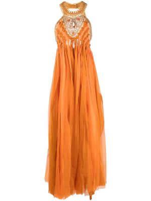 Alberta Ferretti stone-embellished fringed maxi dress - Orange