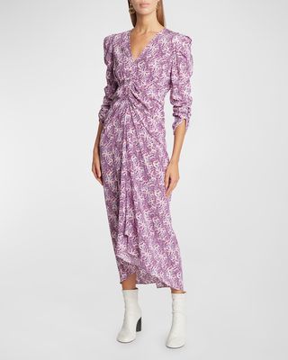 Albini Feather-Print Ruched 3/4-Sleeve Midi Dress