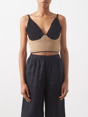 Albus Lumen - Bi-colour Cotton-crochet Top - Womens - Tan Black
