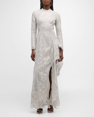 Alda Mock-Neck Ruffle Lace Gown