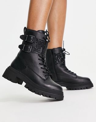 ALDO Woa lace up flat boots with buckles in black