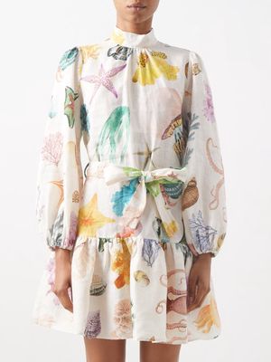 Ale mais - Adella Atlantis-print Linen-voile Mini Dress - Womens - Cream Print