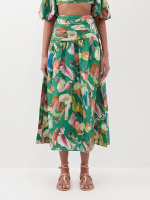 Ale mais - Arlo Brushstroke-print Silk Midi Skirt - Womens - Green Multi