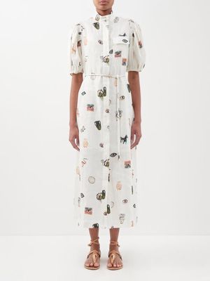 Ale mais - Hera Printed Linen Midi Dress - Womens - Ivory Multi