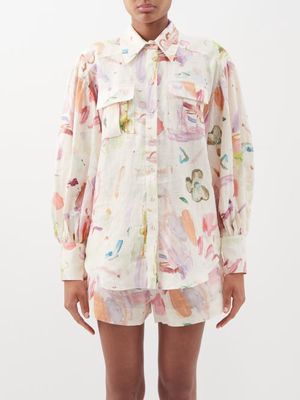 Ale mais - Impressionist-print Patch-pocket Linen-voile Shirt - Womens - Ivory Multi