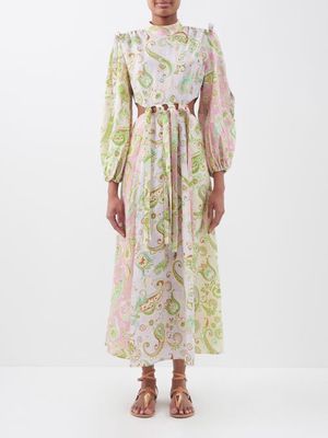 Ale mais - Marta Paisley-print Cutout-waist Linen-voile Dress - Womens - Pink Multi