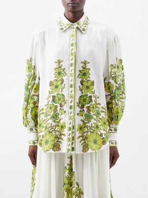 Ale mais - Wallis Floral-print Linen Blouse - Womens - White Green