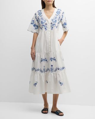 Alegra Floral-Embroidered Poplin Midi Dress