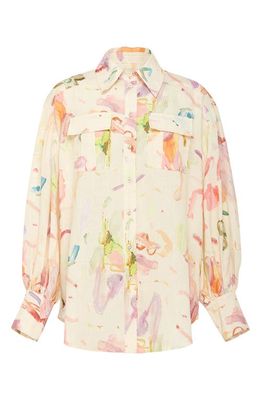 ALEMAIS Annie Utility Floral Print Linen Button-Up Shirt in Ivory/Rose