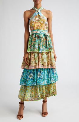ALEMAIS Dreamer Floral Belted Tiered Linen & Ramie Maxi Sundress in Multi Green/Blue