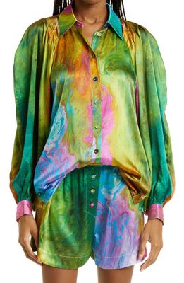 ALEMAIS Irving Watercolor Silk Satin Shirt in Green Multi