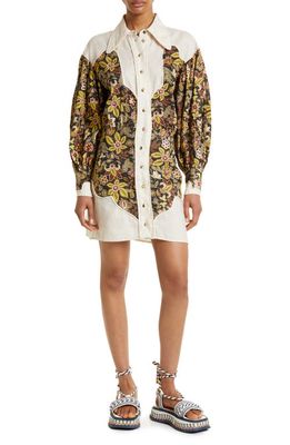ALEMAIS Isabella Floral Panel Long Sleeve Linen Shirtdress in Black