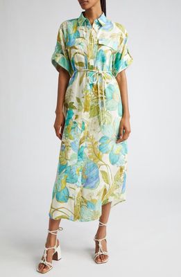 ALEMAIS Janis Floral Print Belted Linen Midi Shirtdress in Blue