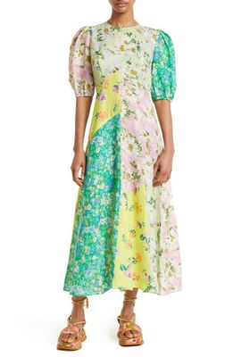 ALEMAIS Kenzie Floral Patchwork Linen Midi Dress in Green Multi