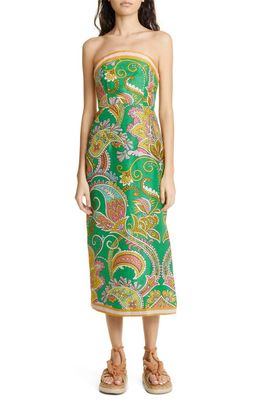 ALEMAIS Marion Print Strapless Linen Blend Dress in Emerald
