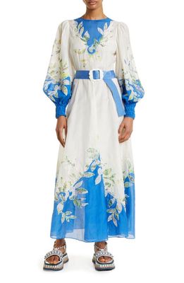 ALEMAIS Rite Floral Embroidered Belted Long Sleeve Linen Dress in Cream/Blue