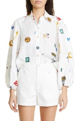 ALEMAIS Soleil Embroidered Linen Button-Up Shirt in Ivory