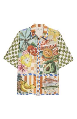 ALEMAIS Theo Oversize Linen Camp Shirt in Multi Green