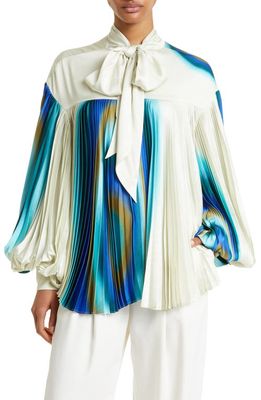 ALEMAIS Una Tie Neck Pleated Blouse in Pearl/Teal