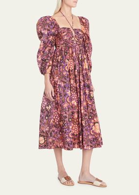 Alessa Puff-Sleeve Floral Poplin Cutout Midi Dress