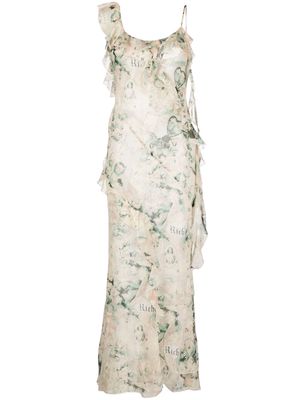 Alessandra Rich Cameo-print ruffled silk maxi dress - Neutrals