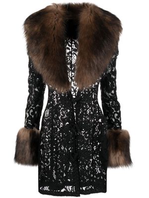 Alessandra Rich faux-fur trim lace coat - Black
