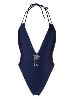 Alessandra Rich lurex halterneck swimsuit - Blue