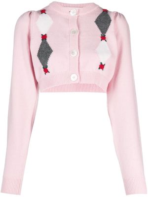 Alessandra Rich rose-embroidered argyle wool cardigan - Pink