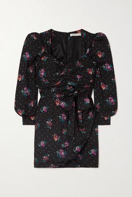 Alessandra Rich - Ruched Wrap-effect Floral-print Silk-jacquard Mini Dress - Black
