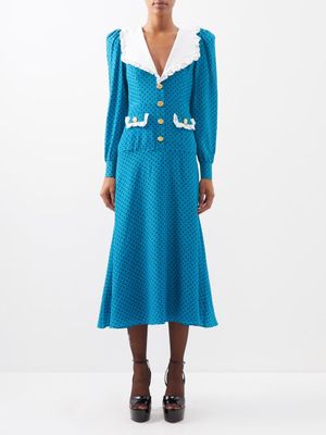 Alessandra Rich - Ruffled-collar Polka-dot Silk Dress - Womens - Blue