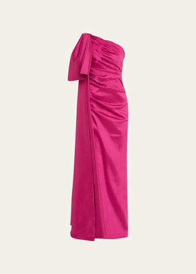 Alessandra Ruched One-Shoulder Bow Column Gown